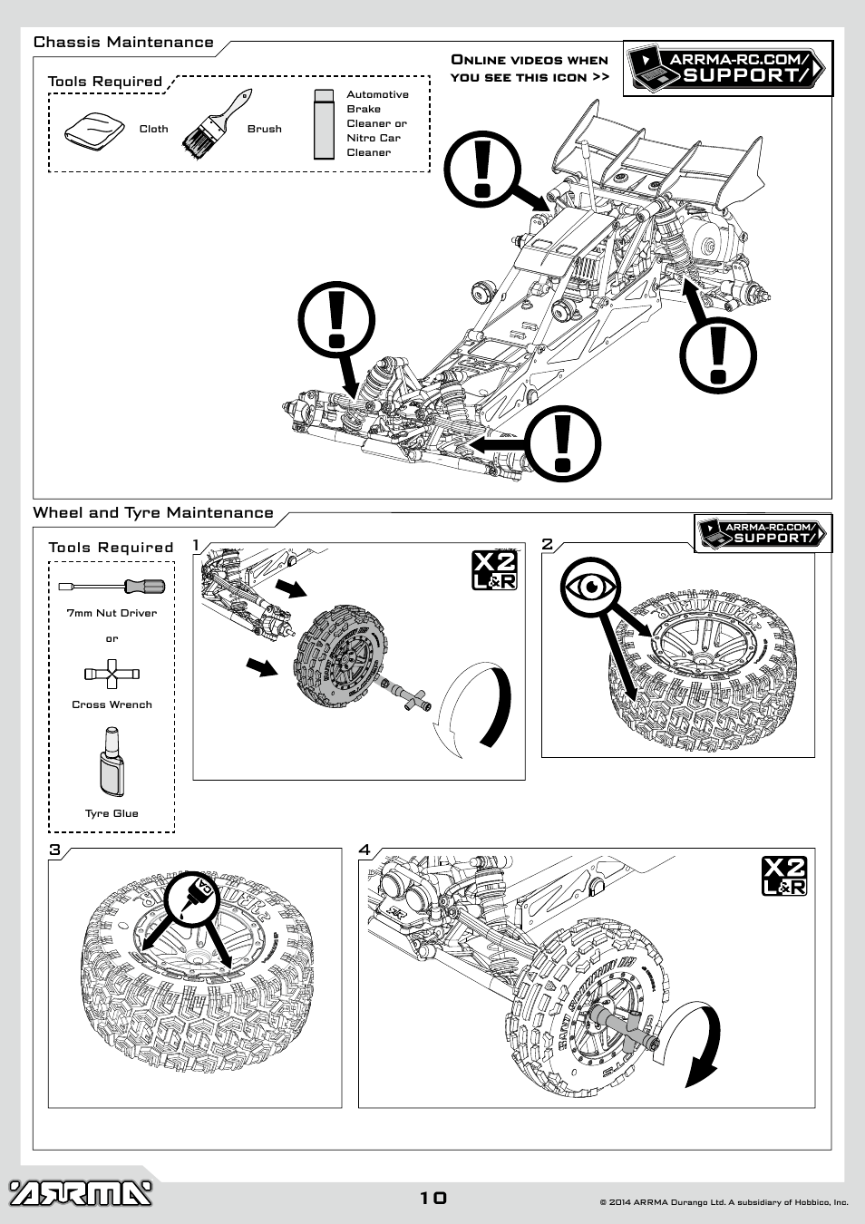 Support, Chassis maintenance, Wheel and tyre maintenance 2 3 4 1 | ARRMA AR102646 User Manual | Page 10 / 28