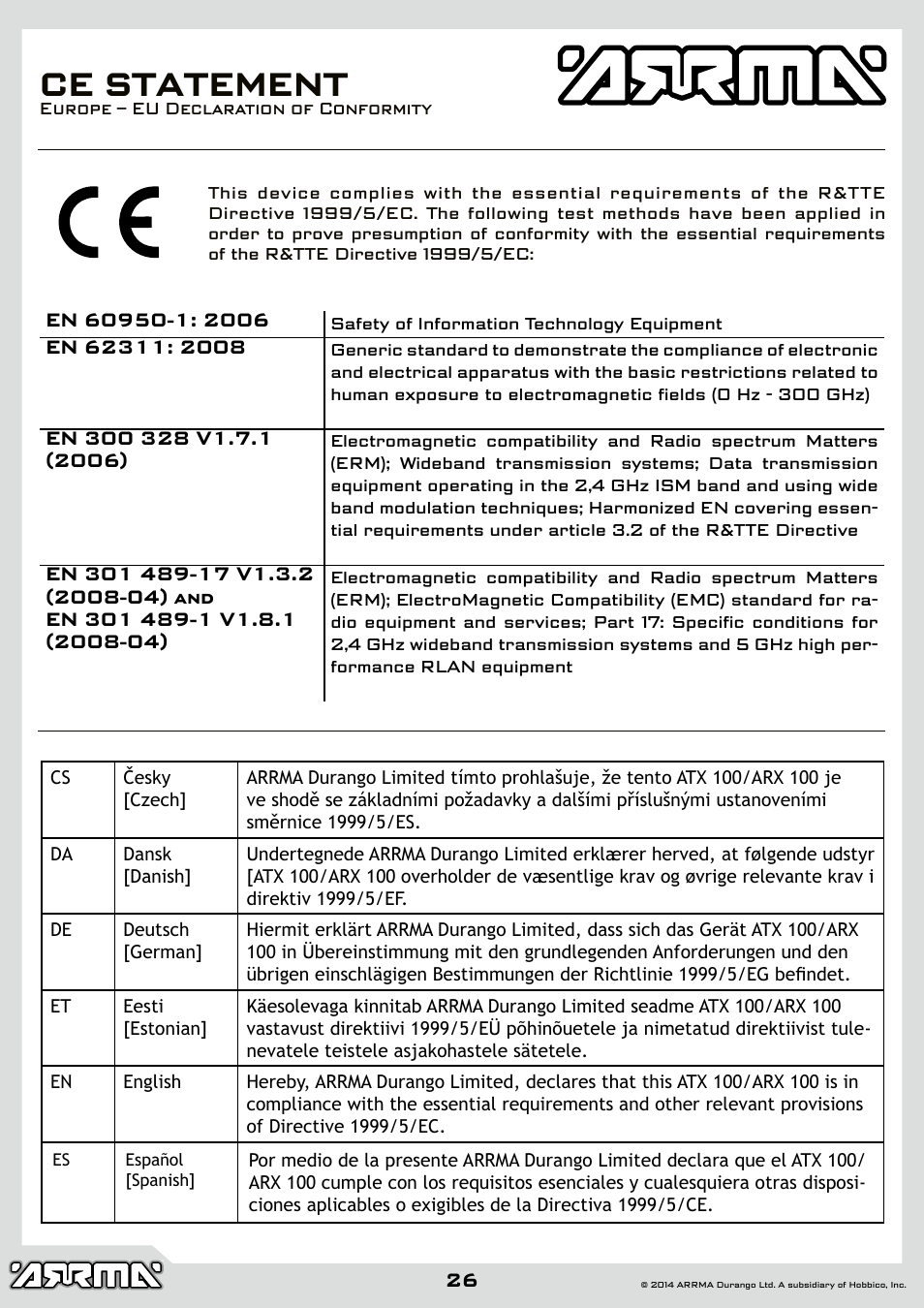 Ce statement | ARRMA AR102646 User Manual | Page 26 / 28