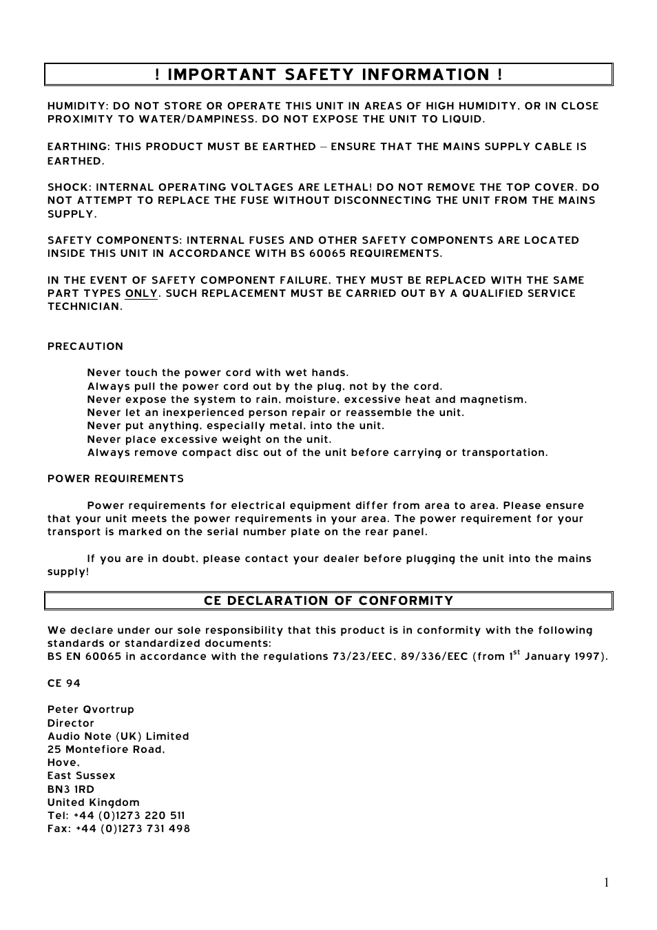 Important safety information | Audio Note CD-0 User Manual | Page 2 / 8