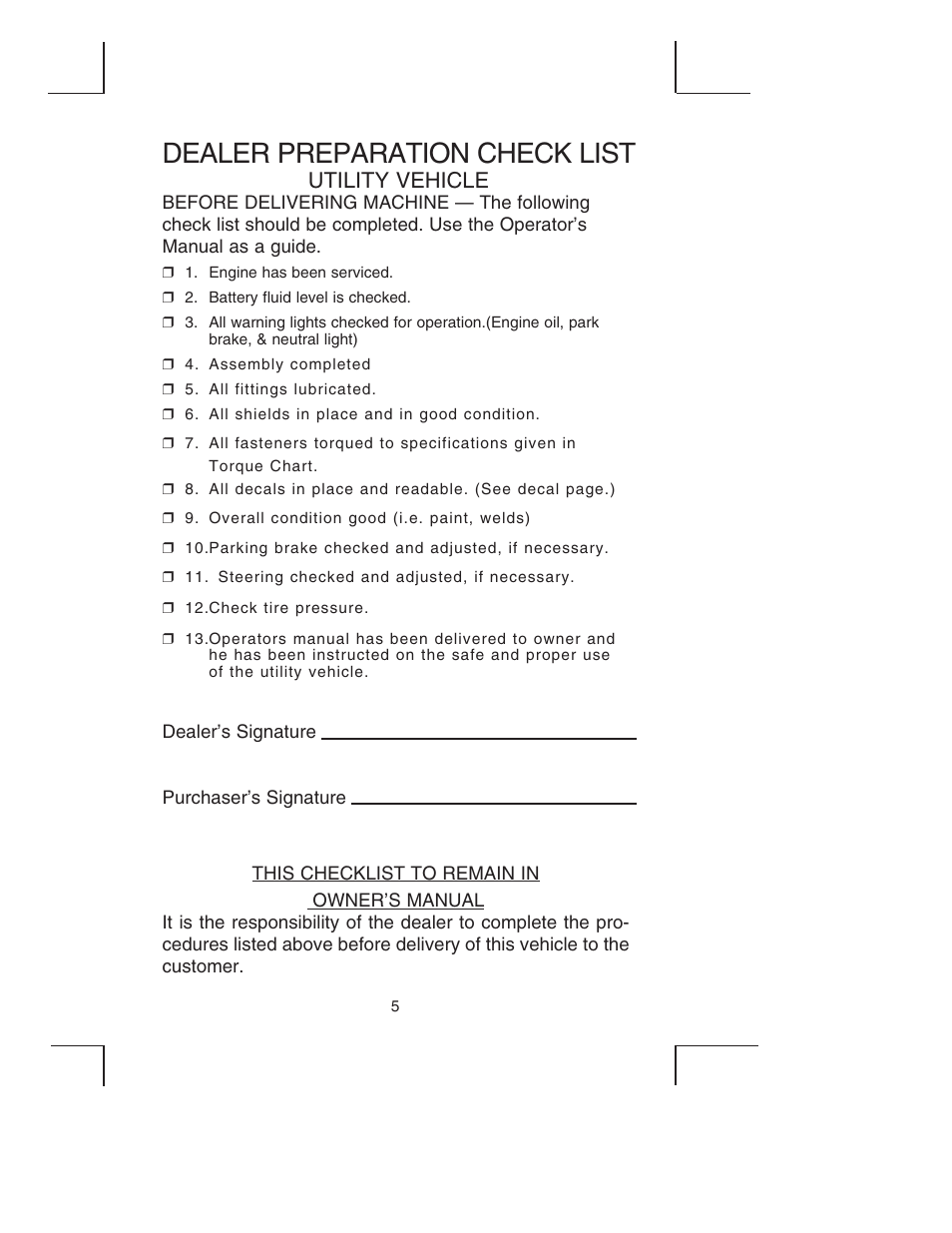 Dealer preparation check list, Utility vehicle | Bush Hog TH4200 User Manual | Page 7 / 82