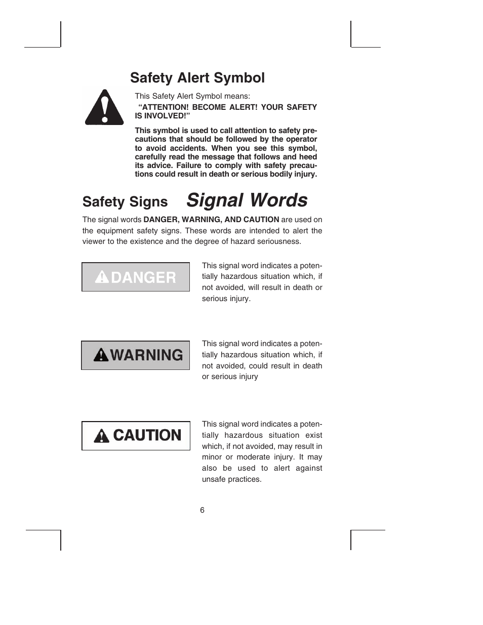 Signal words, Safety alert symbol safety signs | Bush Hog TH4200 User Manual | Page 8 / 82