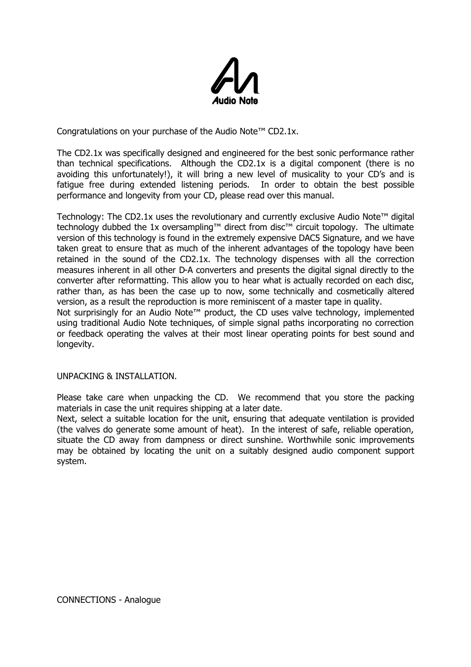 Audio Note CD-2.1x User Manual | 5 pages