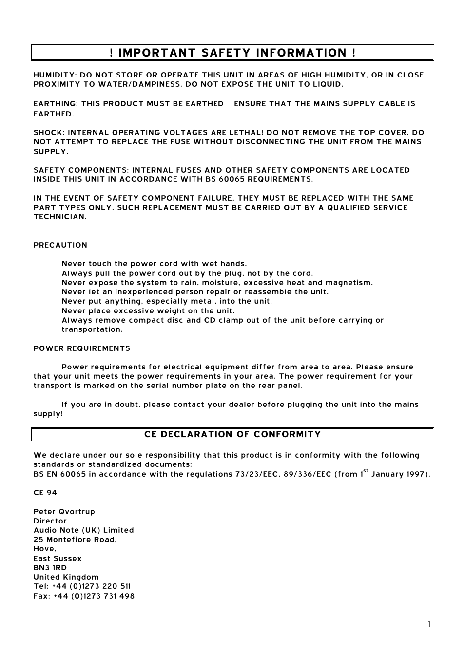 Important safety information | Audio Note CDT-2 II User Manual | Page 2 / 8