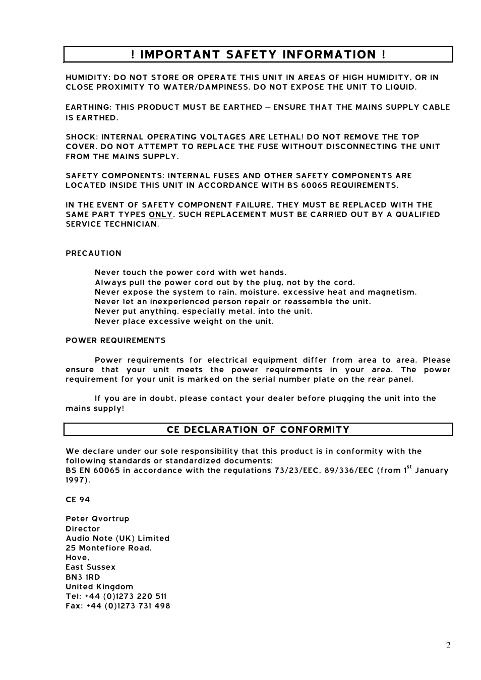 Important safety information | Audio Note DAC0.1x User Manual | Page 2 / 7