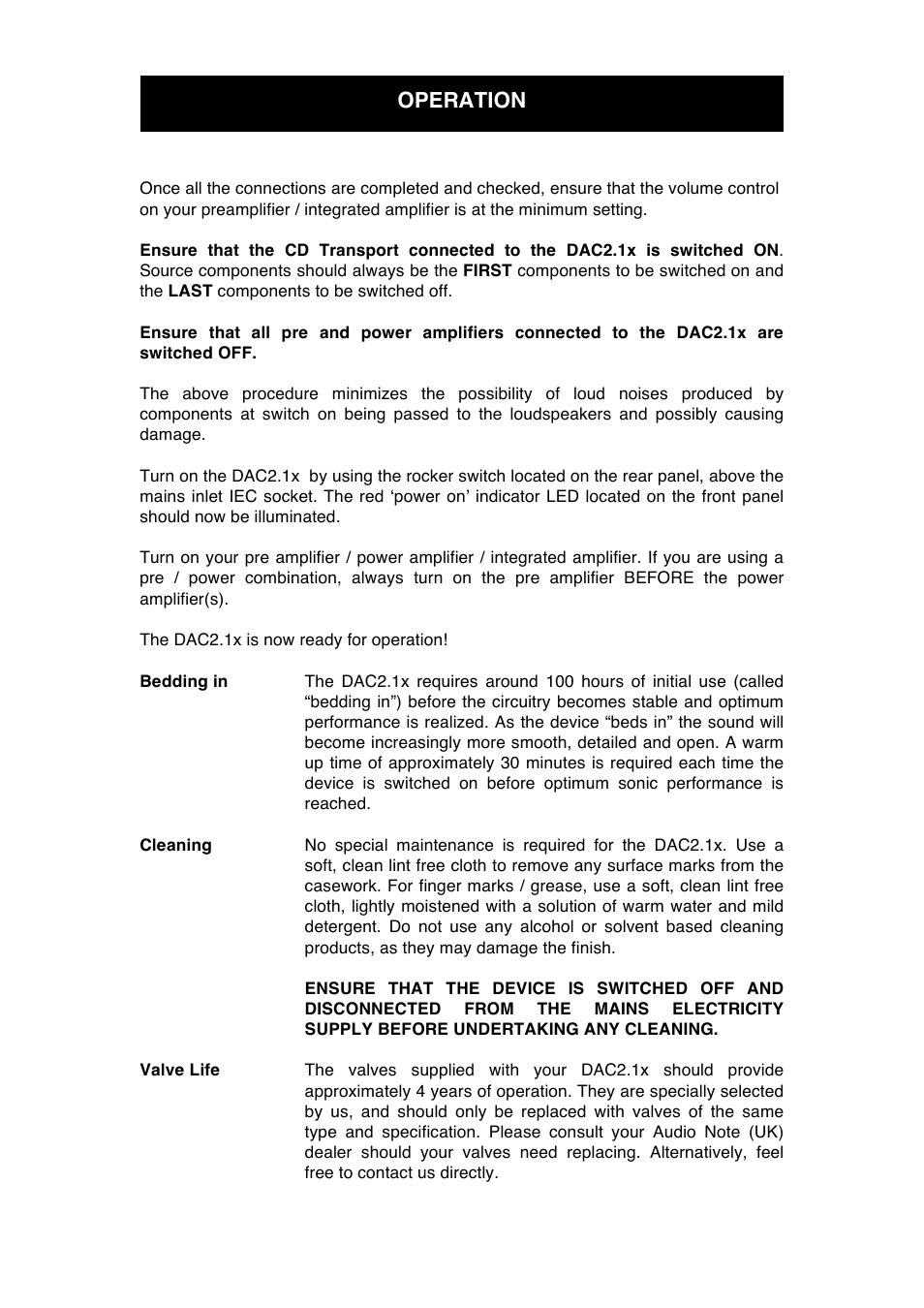 Operation | Audio Note DAC2.1x 2007 User Manual | Page 10 / 13