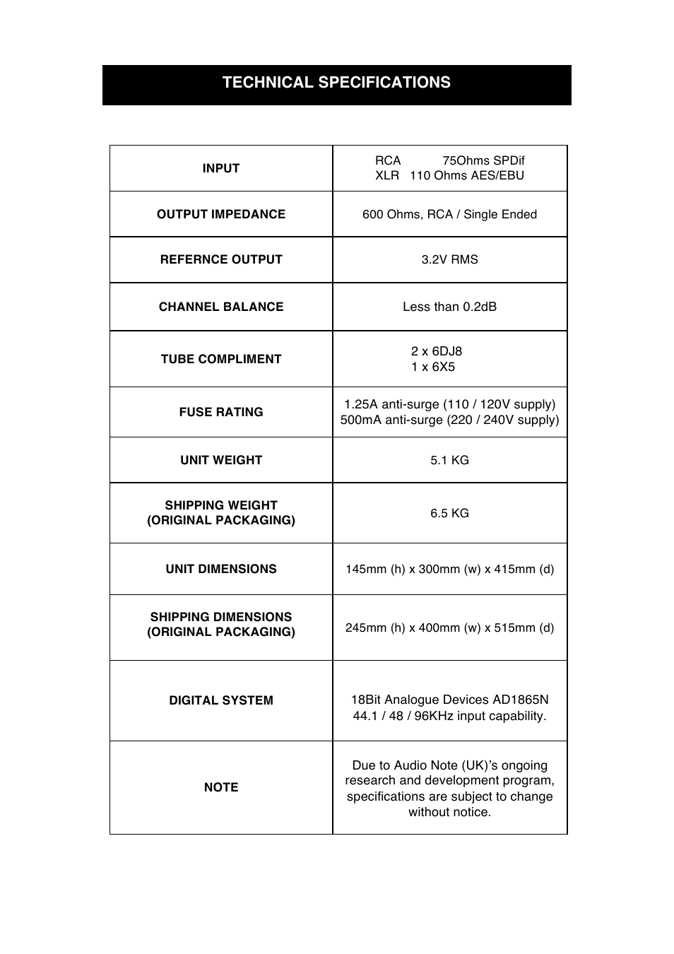 Technical specifications | Audio Note DAC2.1x 2007 User Manual | Page 11 / 13