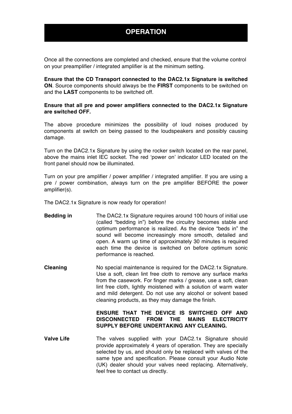Operation | Audio Note DAC2.1x Signature 2007 User Manual | Page 10 / 13