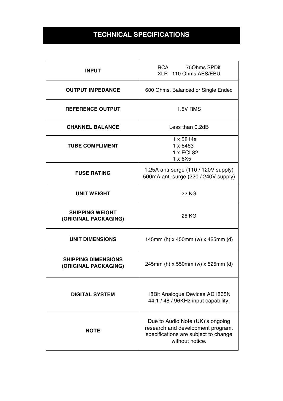 Technical specifications | Audio Note DAC4.1x Balanced Signature User Manual | Page 13 / 15