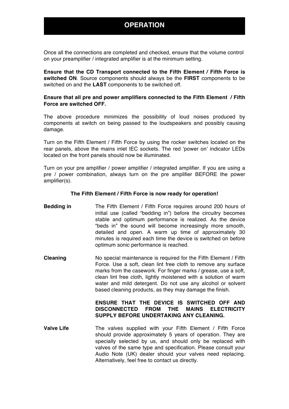 Operation | Audio Note Fifth Element Fifth Force User Manual | Page 15 / 18