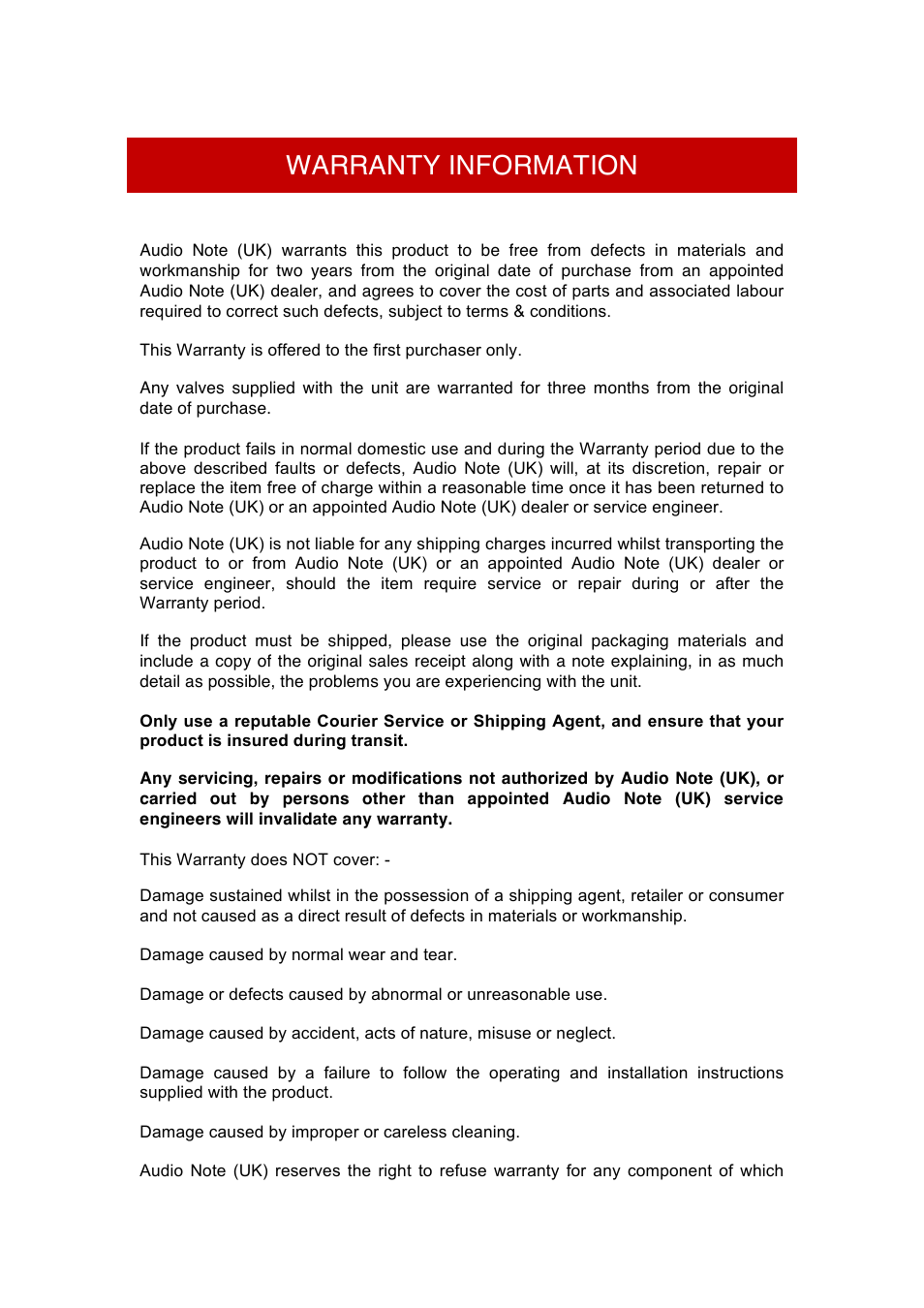 Warranty information | Audio Note Fifth Element Fifth Force User Manual | Page 17 / 18