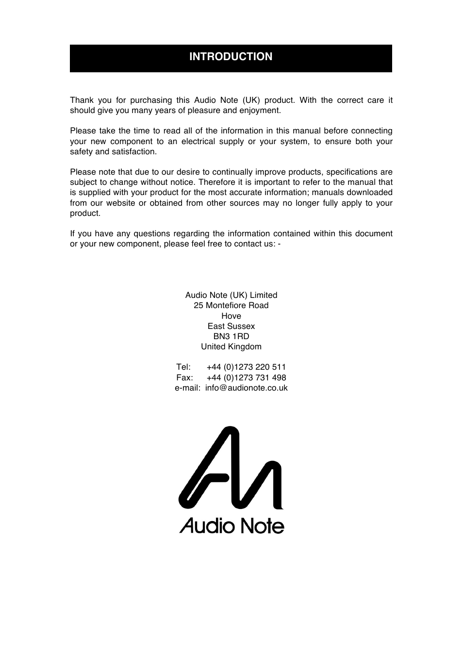 Introduction | Audio Note Fifth Element Fifth Force User Manual | Page 5 / 18