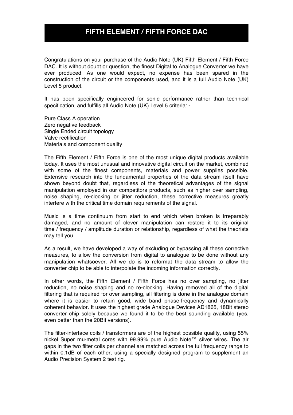 Fifth element / fifth force dac | Audio Note Fifth Element Fifth Force User Manual | Page 7 / 18