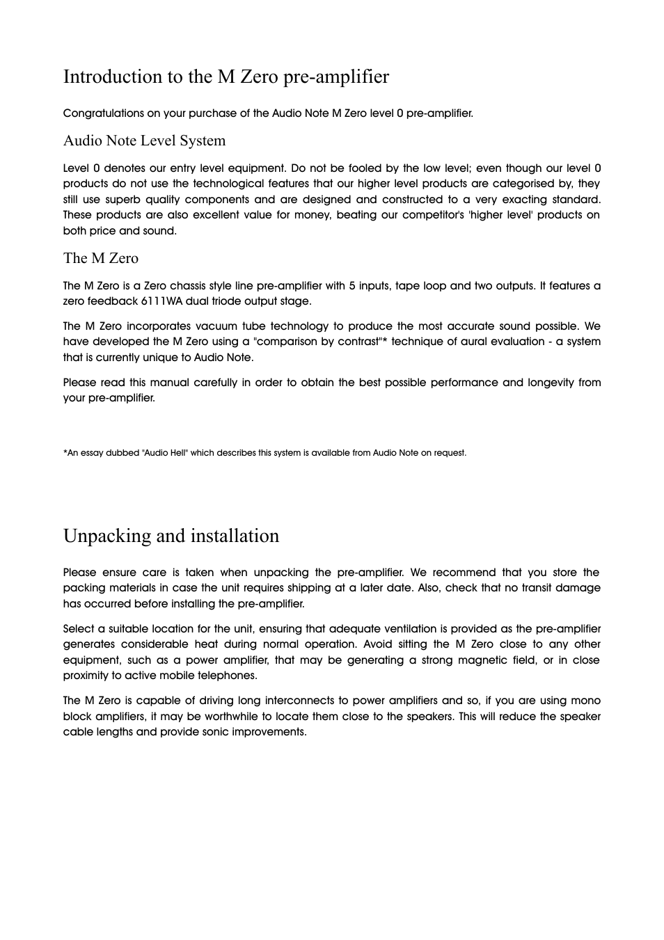 Introduction to the m zero pre-amplifier, Unpacking and installation, The m zero | Audio Note M Zero User Manual | Page 2 / 7