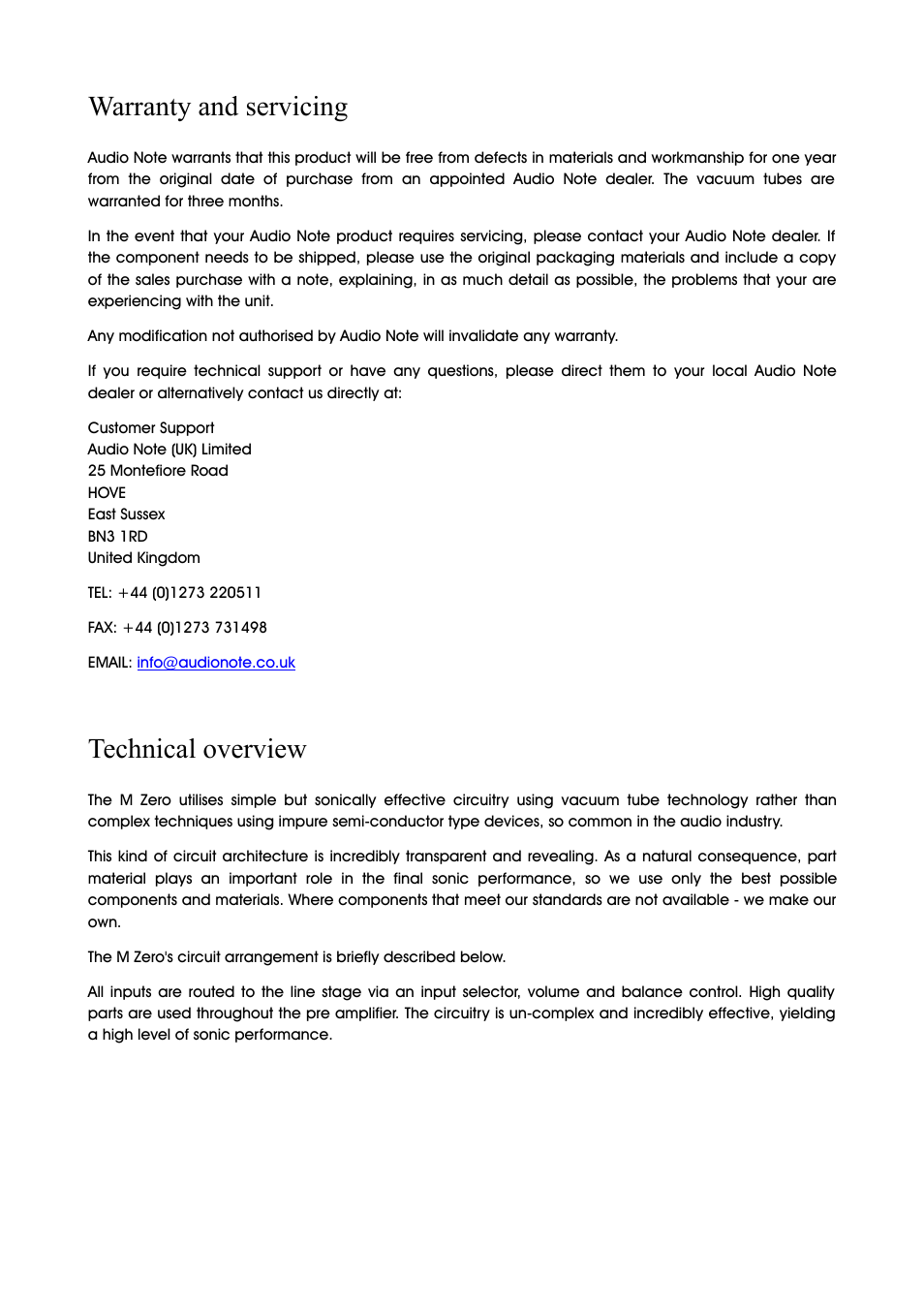 Warranty and servicing, Technical overview | Audio Note M Zero User Manual | Page 5 / 7