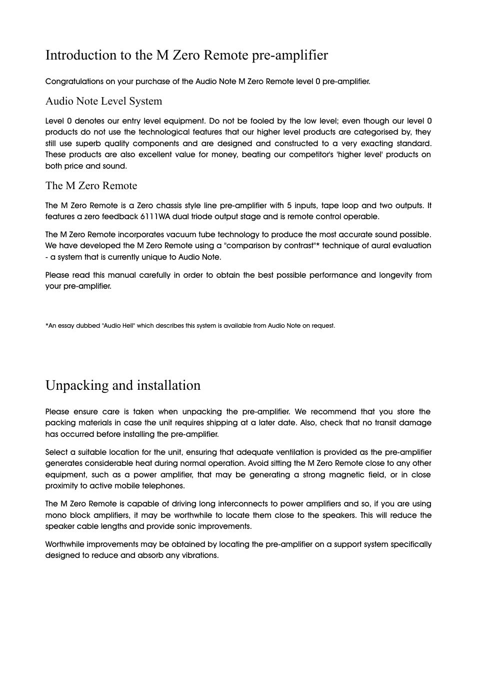 Introduction to the m zero remote pre-amplifier, Unpacking and installation, The m zero remote | Audio Note M Zero Remote User Manual | Page 2 / 8