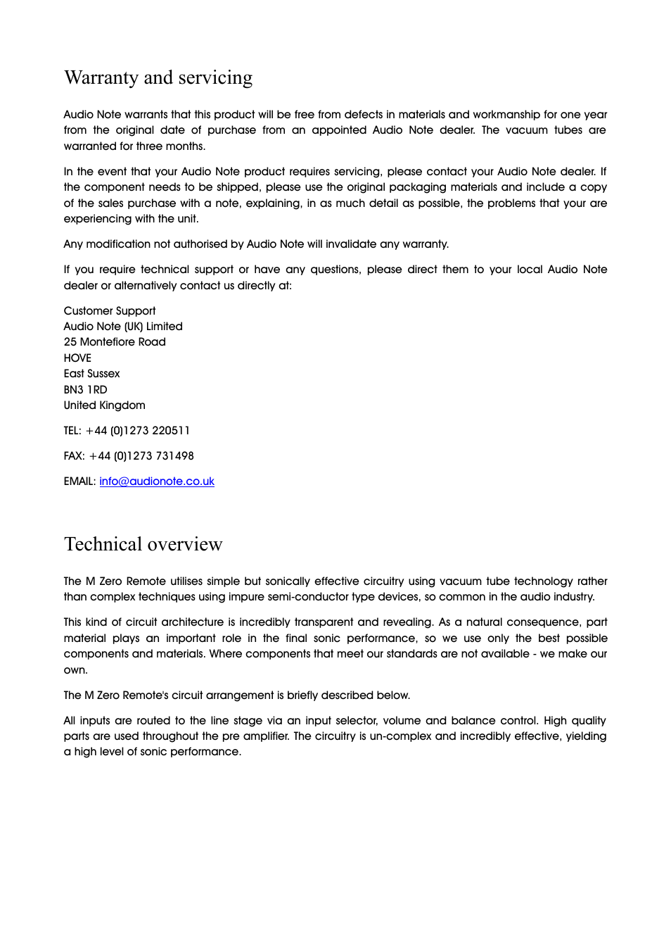 Warranty and servicing, Technical overview | Audio Note M Zero Remote User Manual | Page 6 / 8