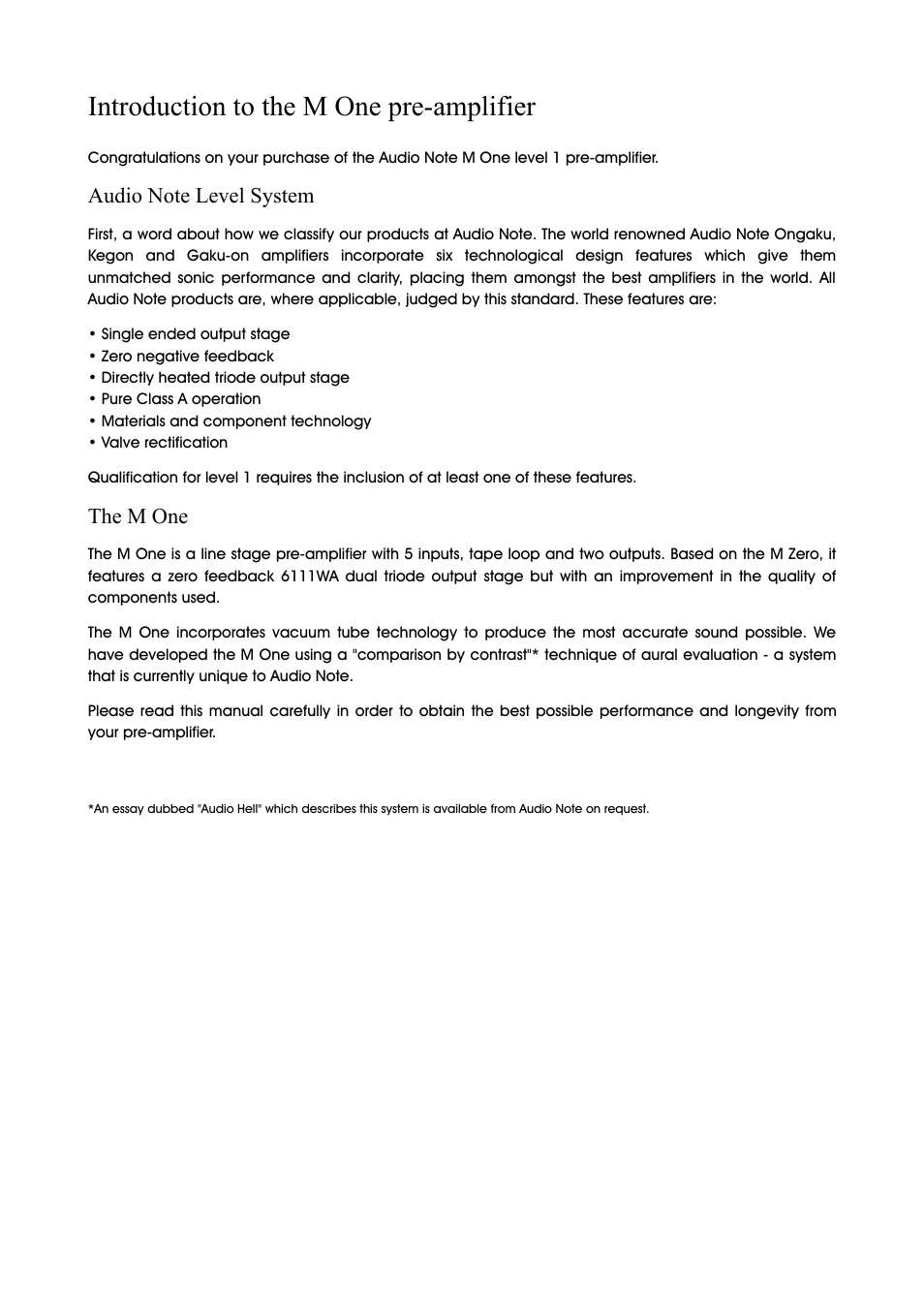 Introduction to the m one pre-amplifier, The m one | Audio Note M-One User Manual | Page 2 / 7