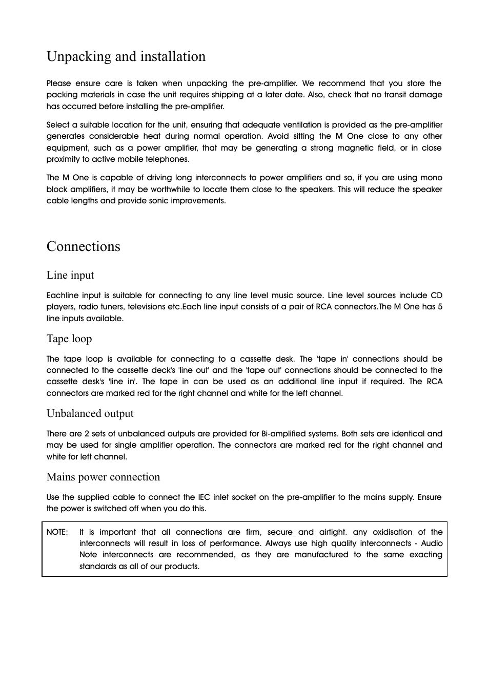 Unpacking and installation, Connections | Audio Note M-One User Manual | Page 3 / 7