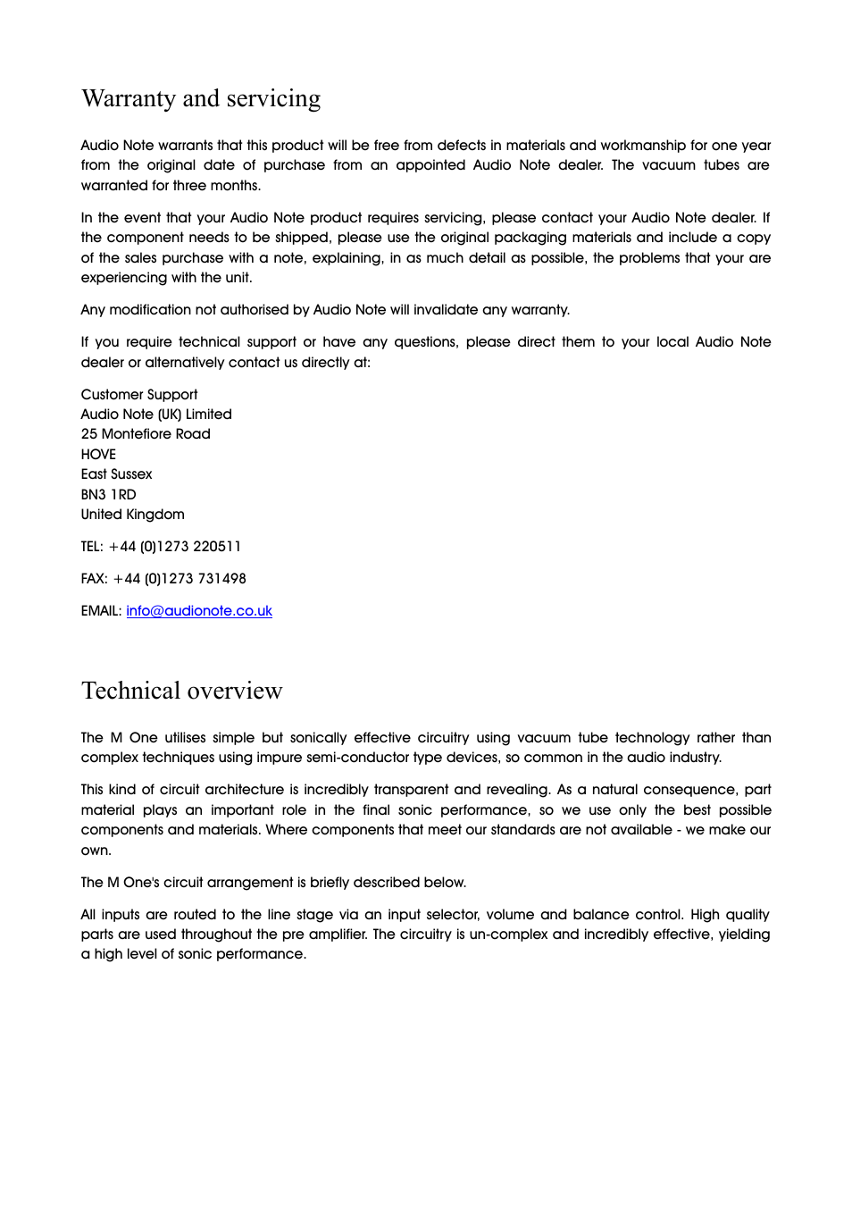 Warranty and servicing, Technical overview | Audio Note M-One User Manual | Page 5 / 7