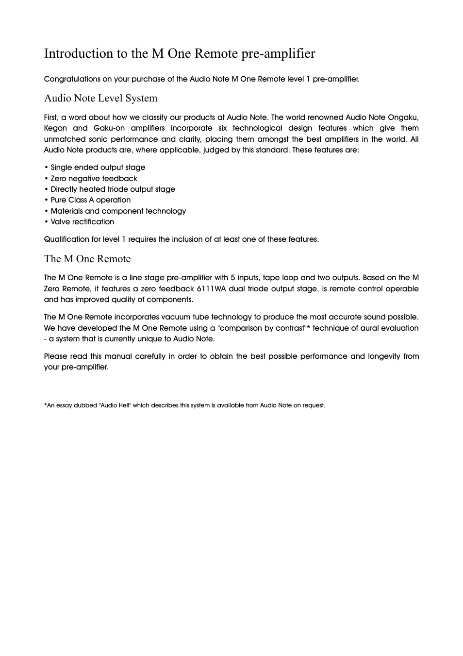 Introduction to the m one remote pre-amplifier, The m one remote | Audio Note M-One Remote User Manual | Page 2 / 8