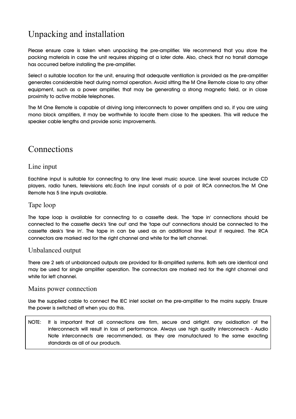 Unpacking and installation, Connections | Audio Note M-One Remote User Manual | Page 3 / 8