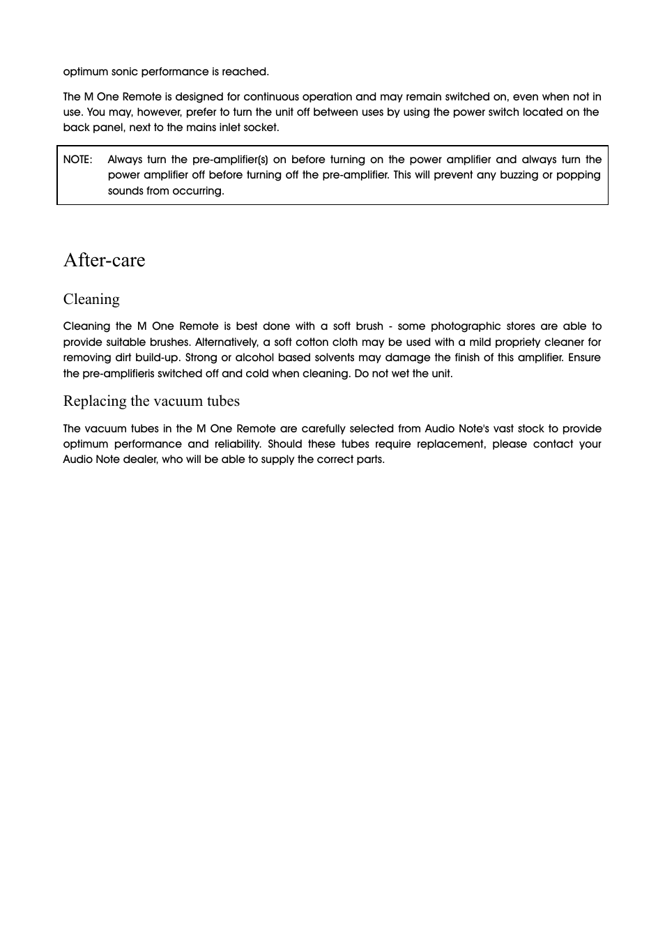 After-care, Cleaning, Replacing the vacuum tubes | Audio Note M-One Remote User Manual | Page 5 / 8
