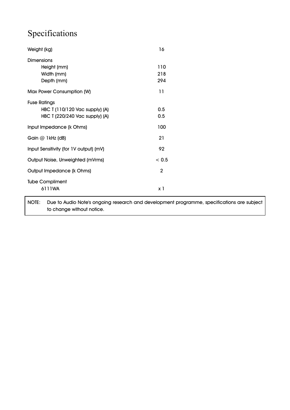 Specifications | Audio Note M-One Remote User Manual | Page 7 / 8