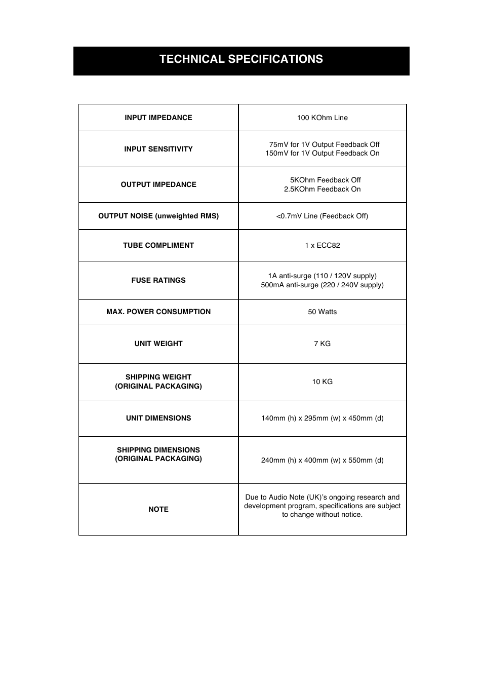 Technical specifications | Audio Note M1 Line User Manual | Page 10 / 12