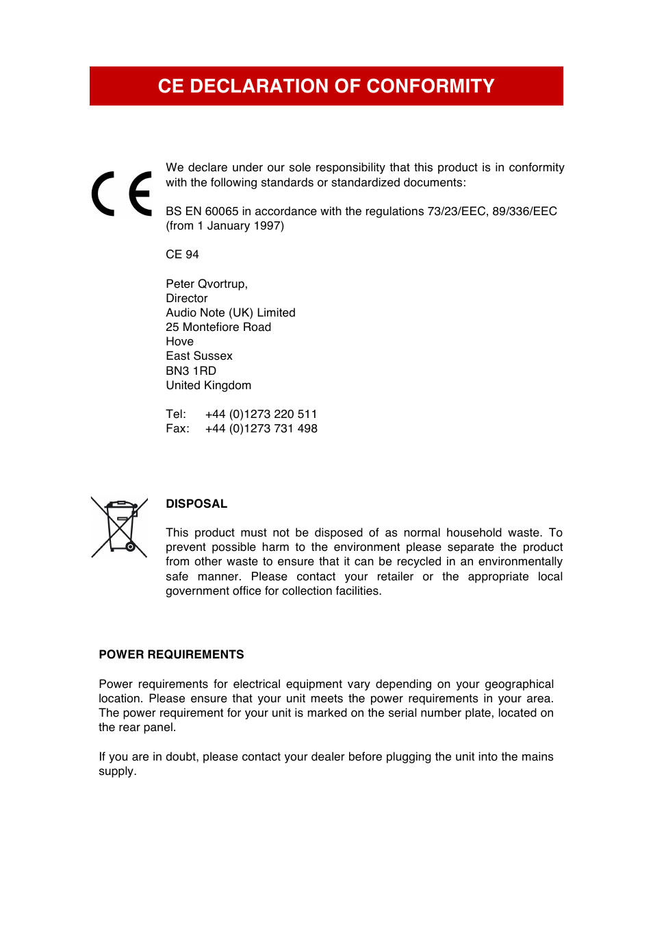 Ce declaration of conformity | Audio Note M1 Line User Manual | Page 4 / 12