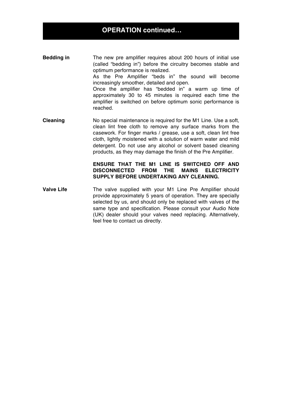 Operation continued | Audio Note M1 Line User Manual | Page 9 / 12