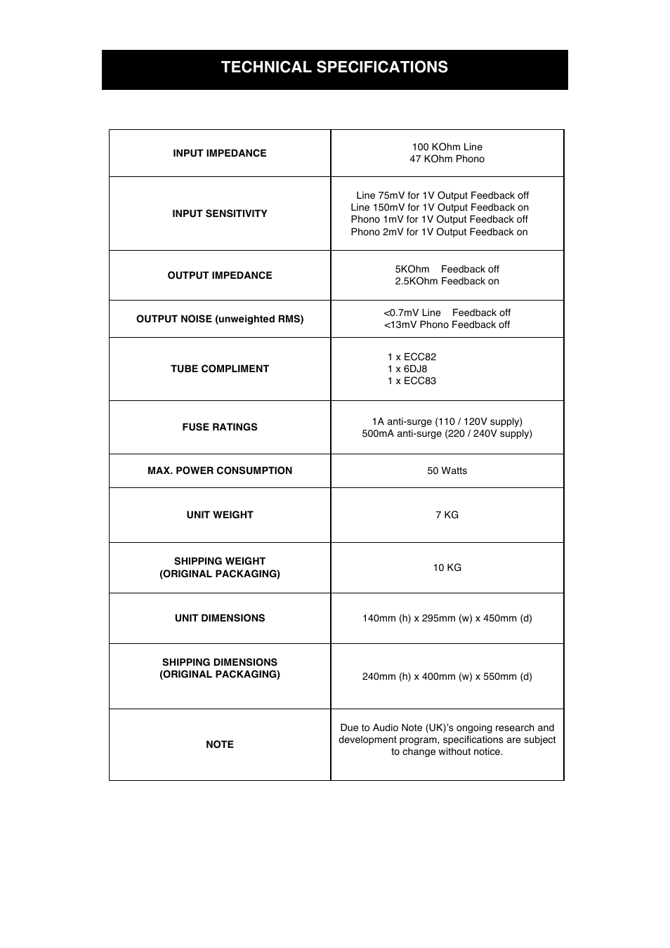 Technical specifications | Audio Note M1 Phono User Manual | Page 10 / 12