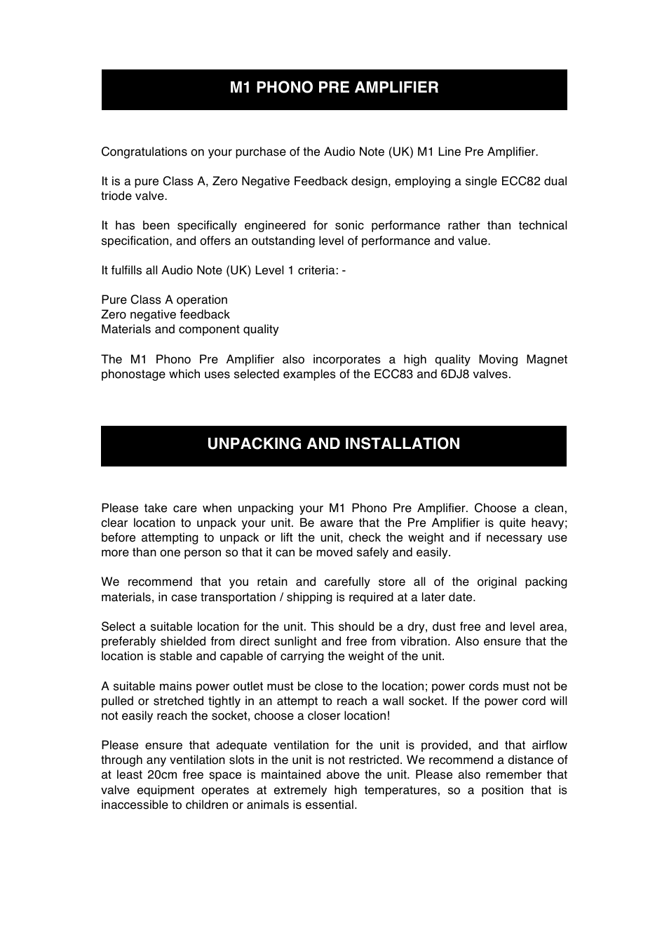 M1 phono pre amplifier unpacking and installation | Audio Note M1 Phono User Manual | Page 6 / 12