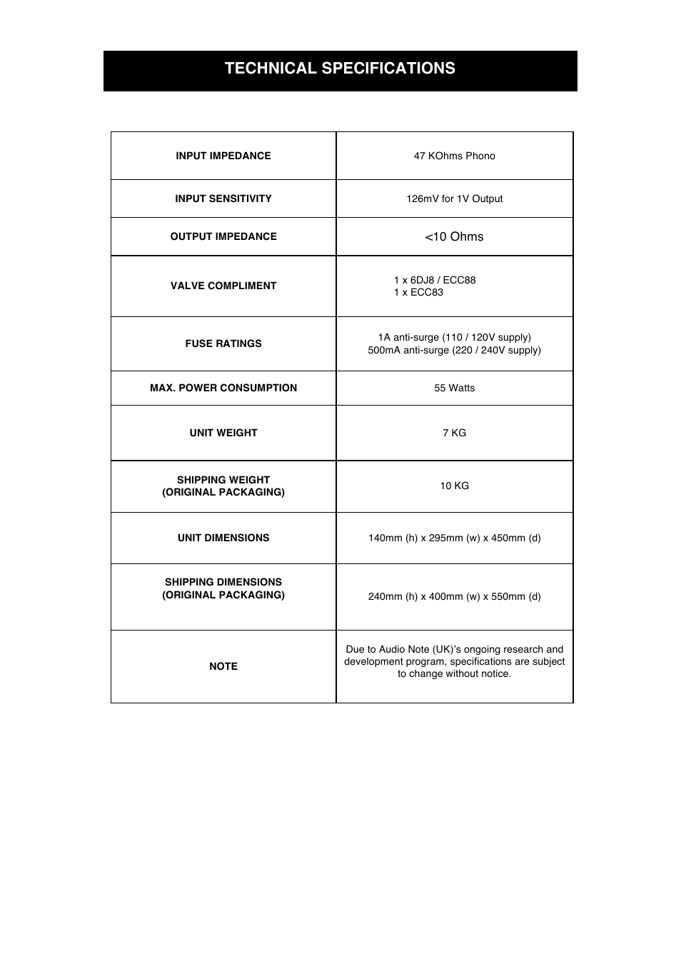 Technical specifications | Audio Note M1 RIAA User Manual | Page 10 / 12