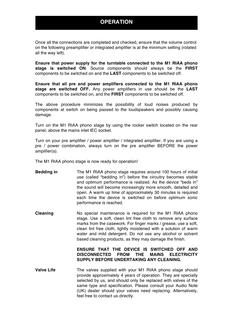 Operation | Audio Note M1 RIAA User Manual | Page 9 / 12
