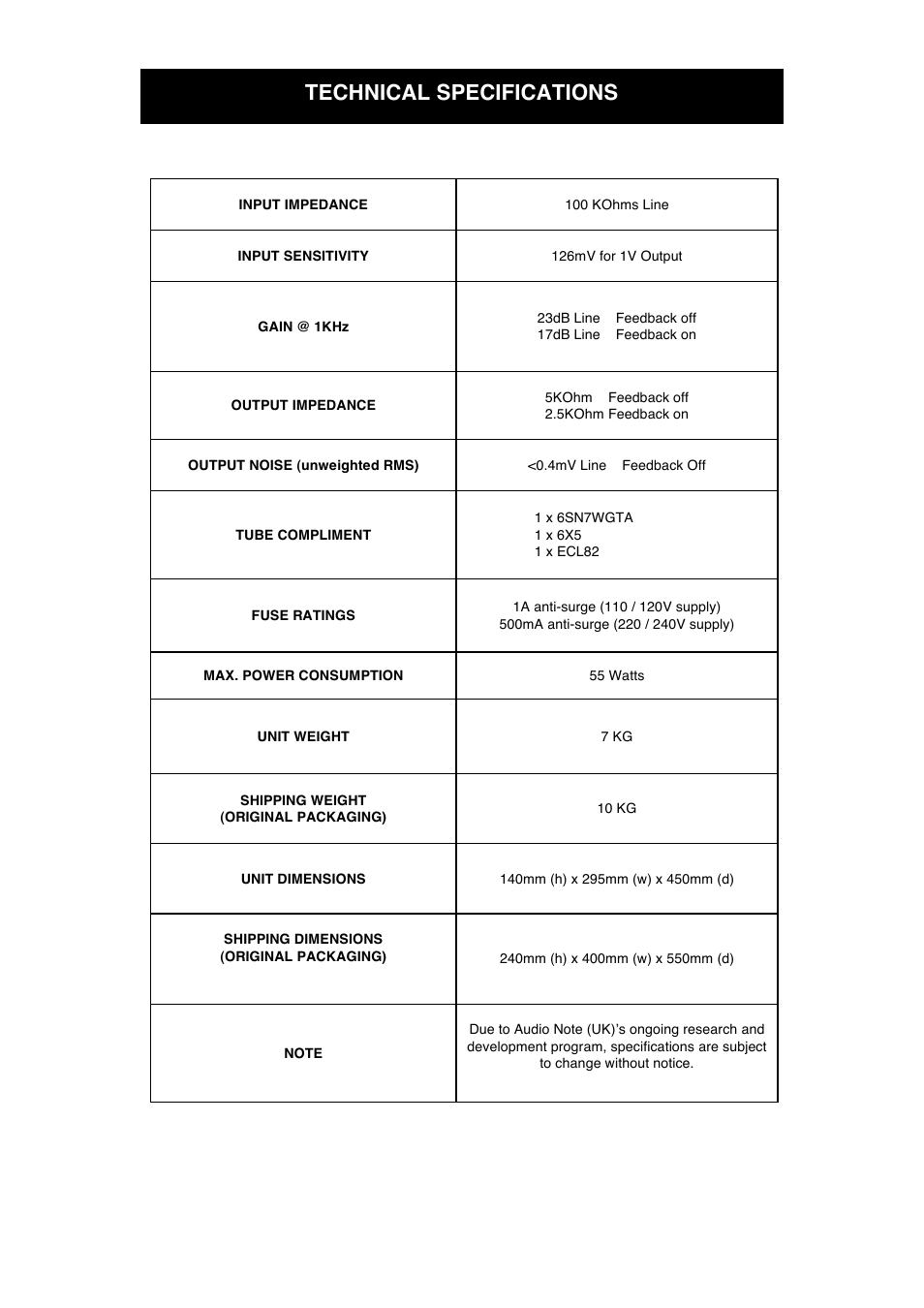 Technical specifications | Audio Note M2 Line User Manual | Page 11 / 13