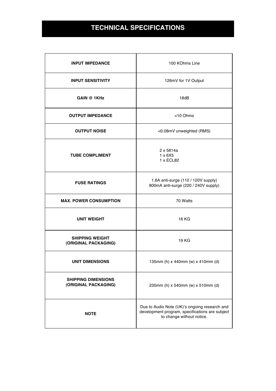Technical specifications | Audio Note M2 Line Balanced User Manual | Page 13 / 15