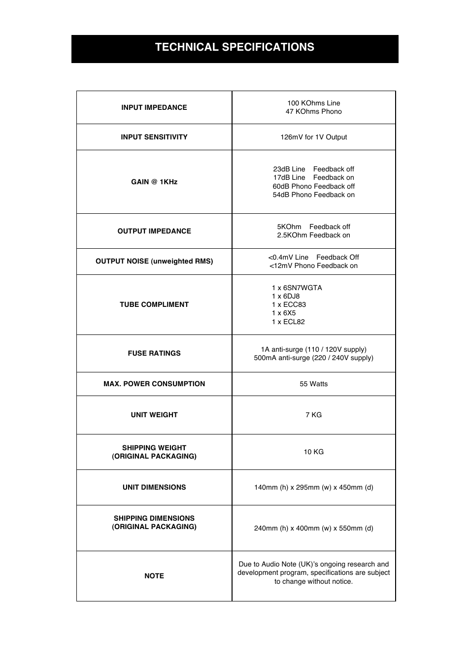 Technical specifications | Audio Note M2 Phono User Manual | Page 11 / 13