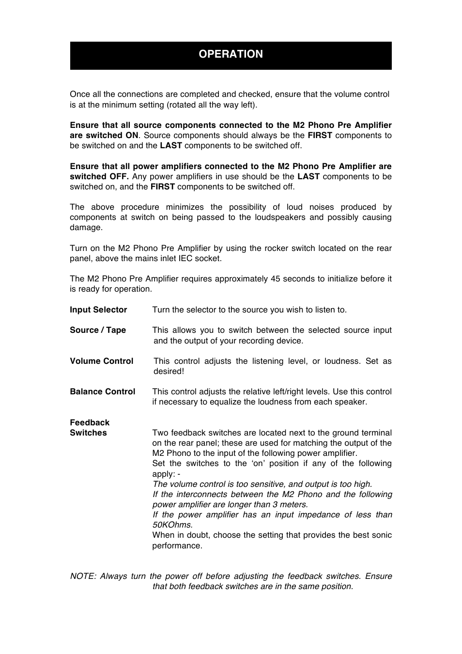 Operation | Audio Note M2 Phono User Manual | Page 9 / 13