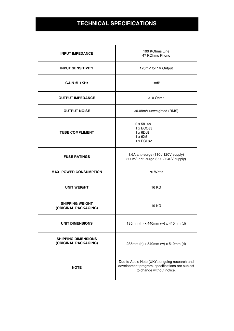 Technical specifications | Audio Note M2 Phono Balanced User Manual | Page 13 / 15