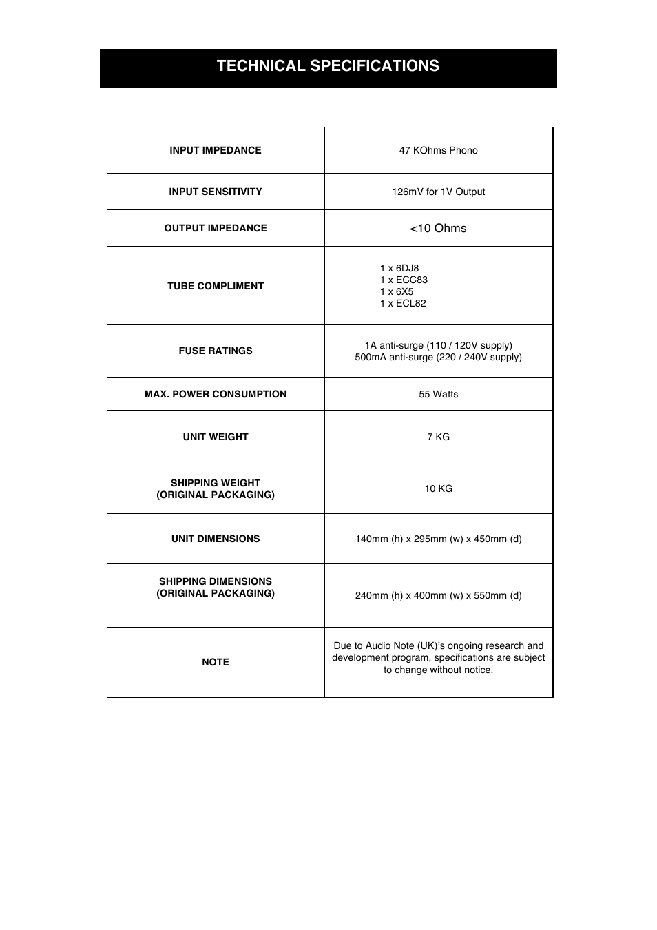 Technical specifications | Audio Note M2 RIAA User Manual | Page 10 / 12