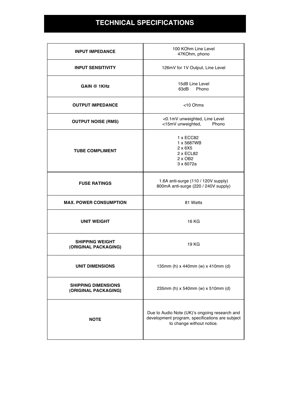 Technical specifications | Audio Note M3 Phono User Manual | Page 13 / 15