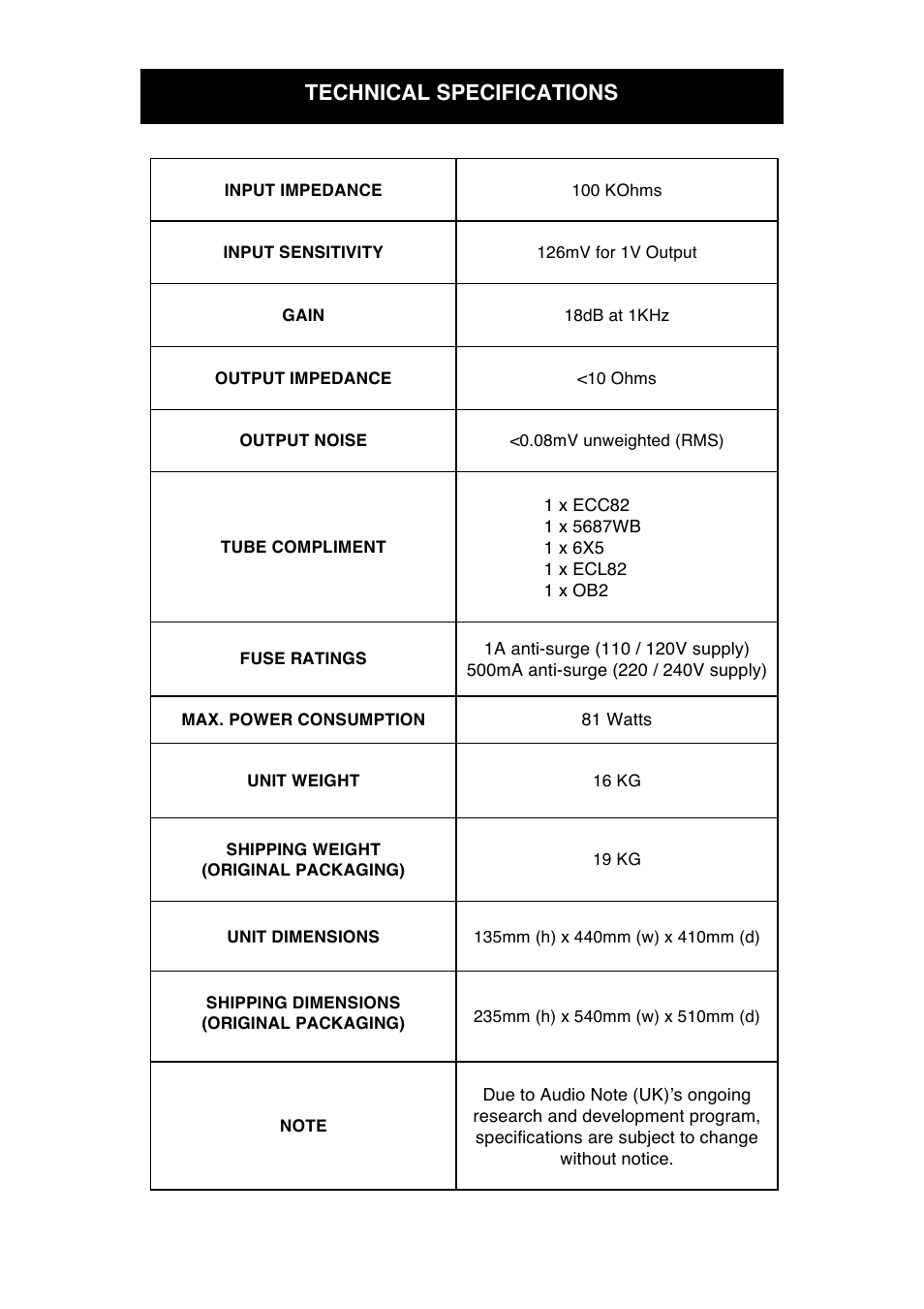 Technical specifications | Audio Note M5 Line User Manual | Page 13 / 15