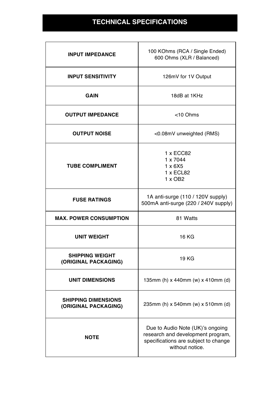 Technical specifications | Audio Note M5 Line Balanced CD Input User Manual | Page 13 / 15