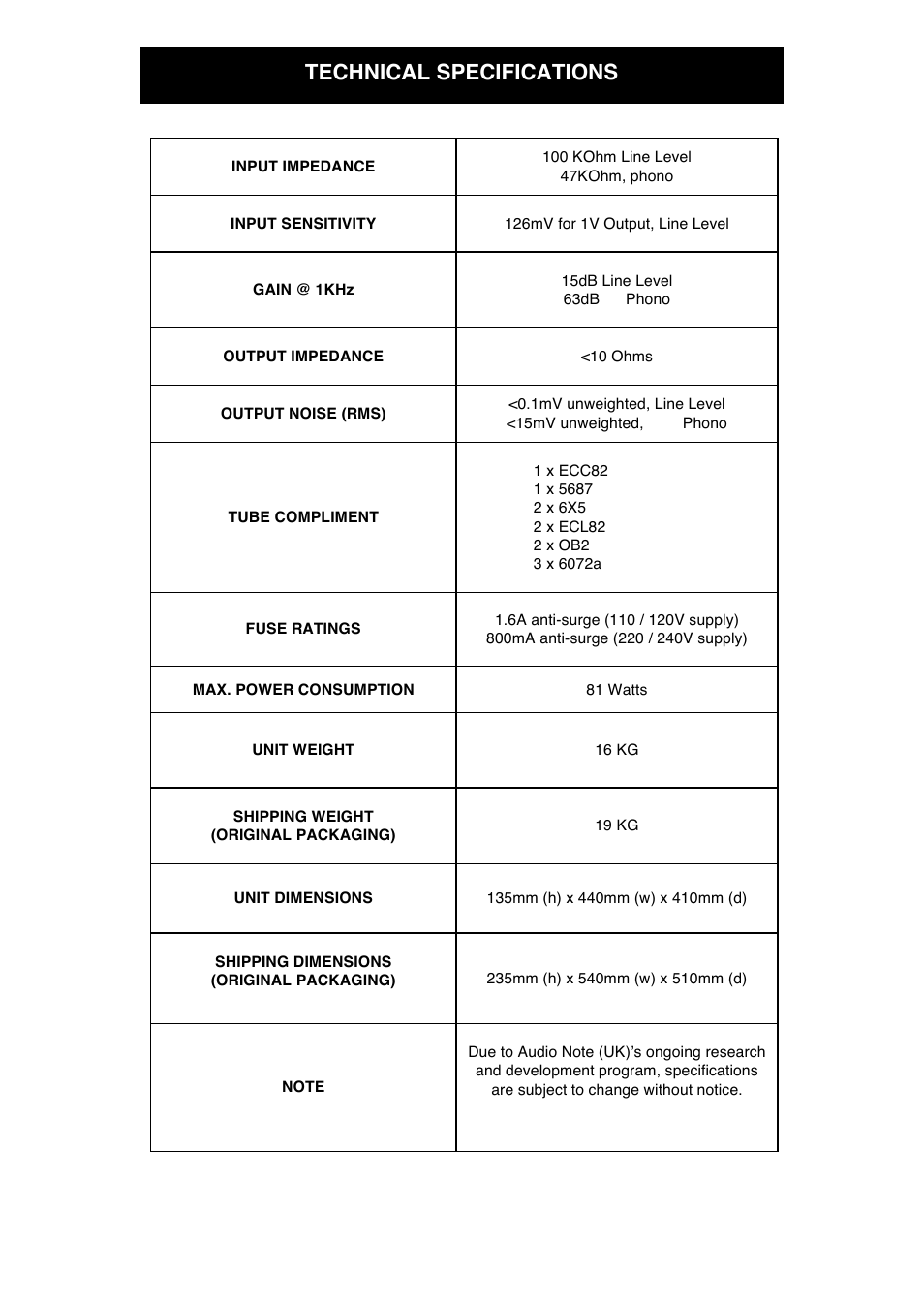 Technical specifications | Audio Note M5 Phono User Manual | Page 13 / 15