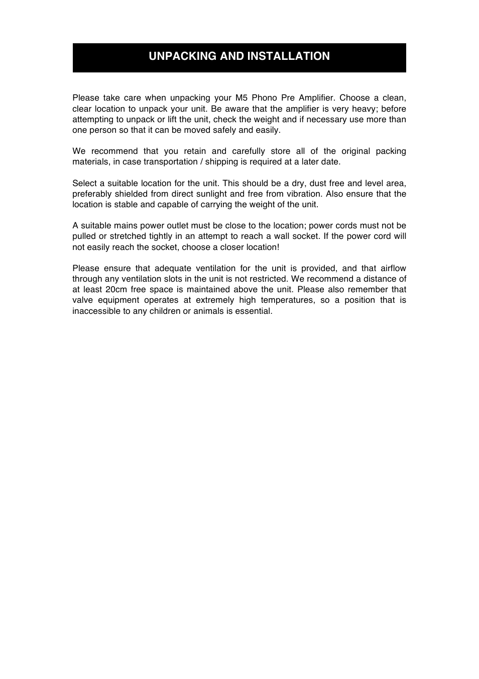 Unpacking and installation | Audio Note M5 Phono Signature User Manual | Page 7 / 15