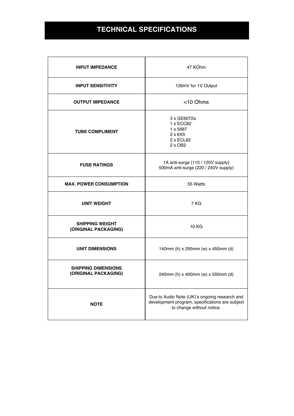 Technical specifications | Audio Note M5 RIAA User Manual | Page 12 / 14