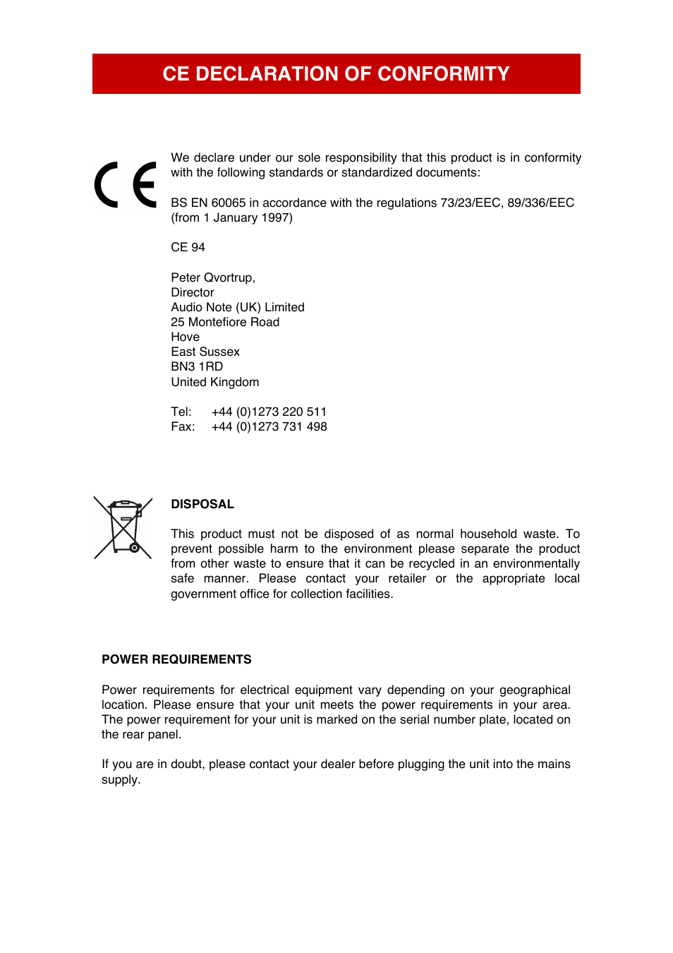 Ce declaration of conformity | Audio Note M5 RIAA User Manual | Page 4 / 14