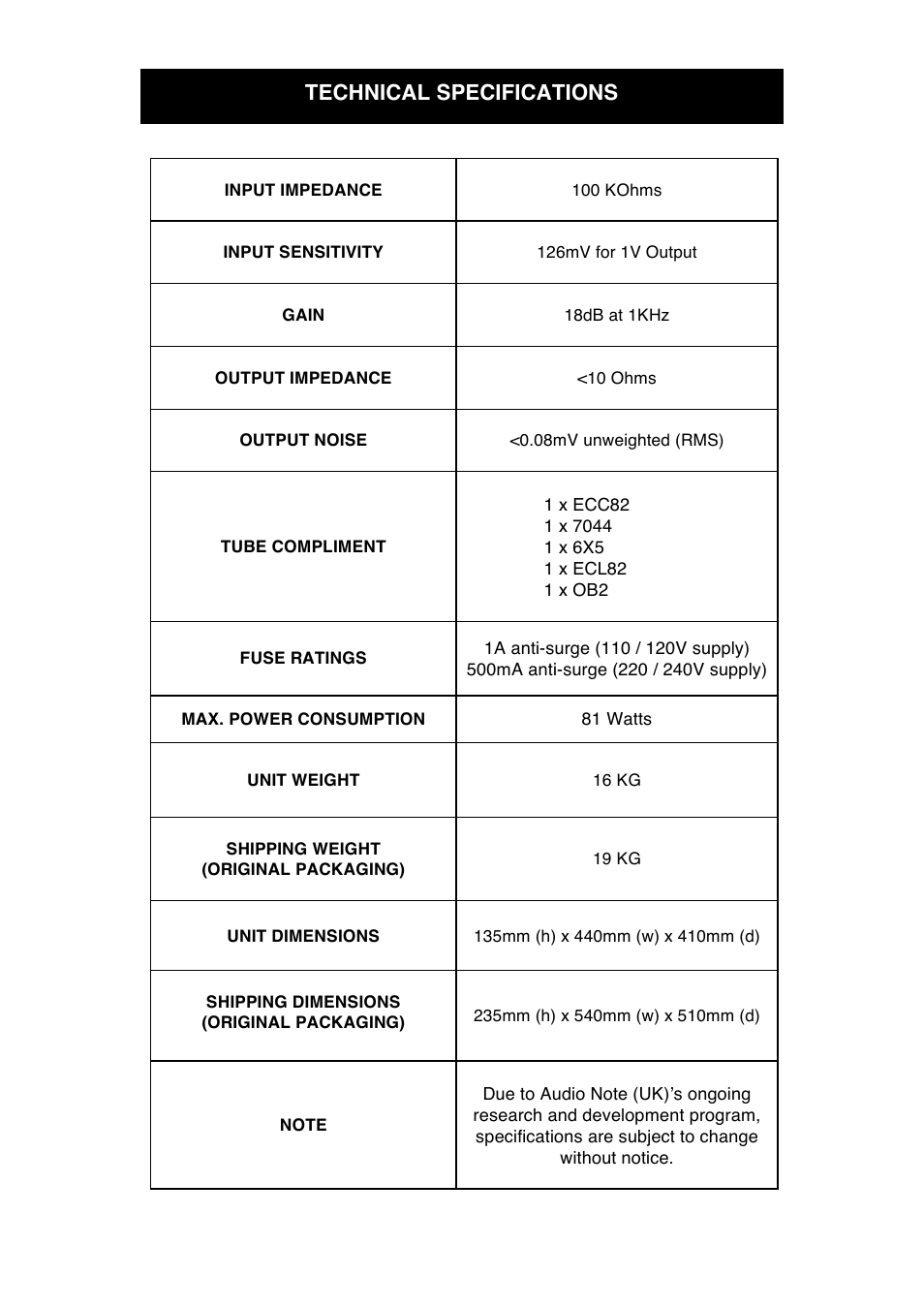 Technical specifications | Audio Note M6 Line User Manual | Page 13 / 15