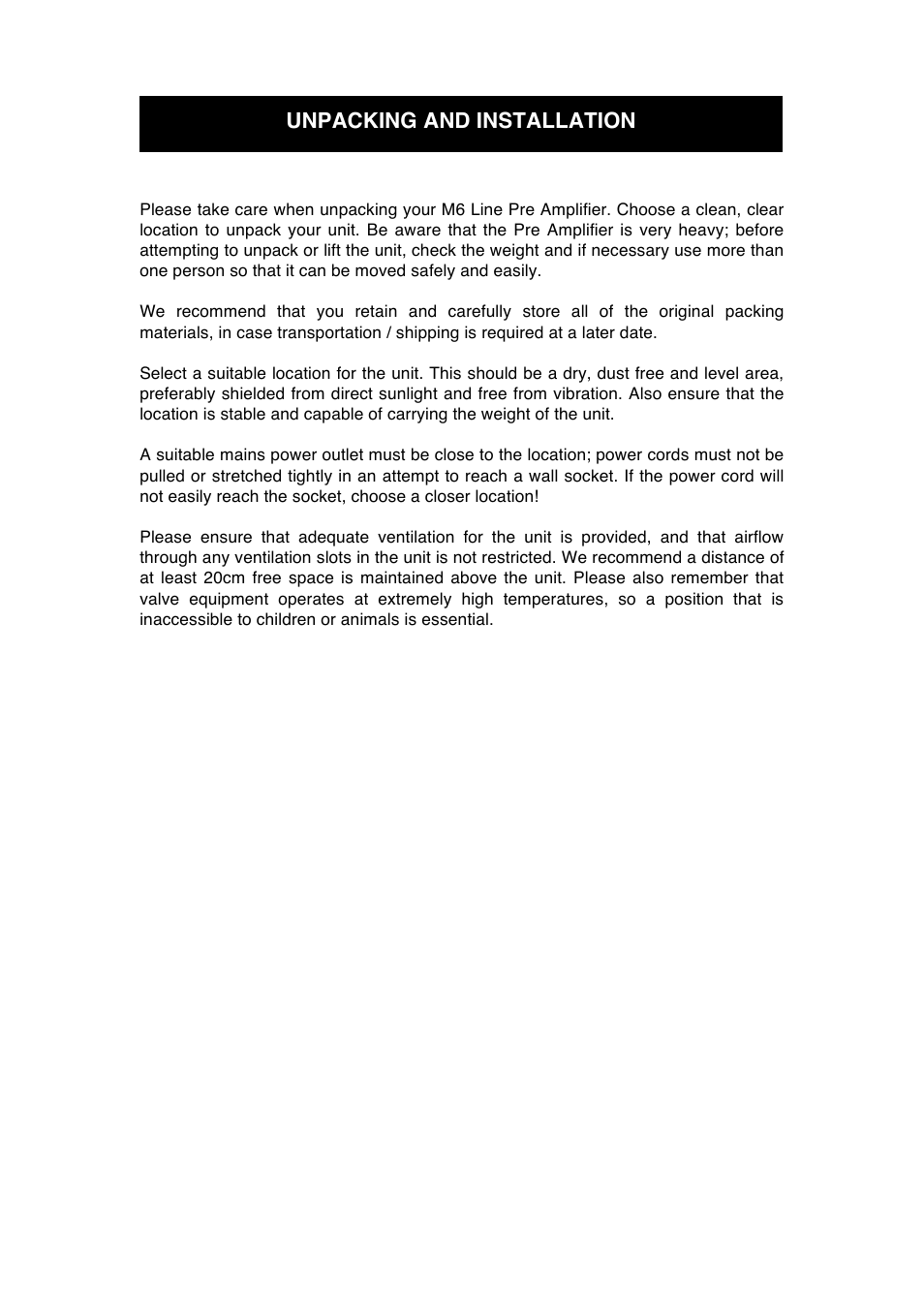 Unpacking and installation | Audio Note M6 Line User Manual | Page 7 / 15