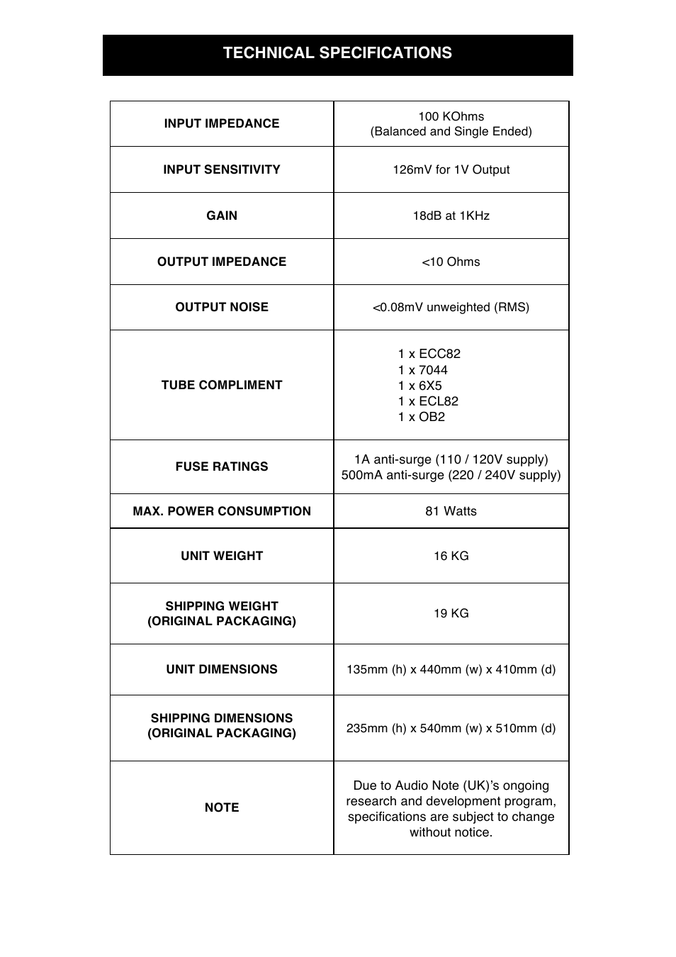 Technical specifications | Audio Note M6 Line Balanced CD Input User Manual | Page 13 / 15